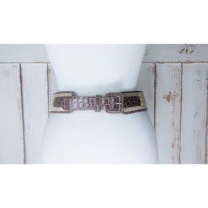 90s vintage brown/tan wide straw patent leather belt/reptile embossed